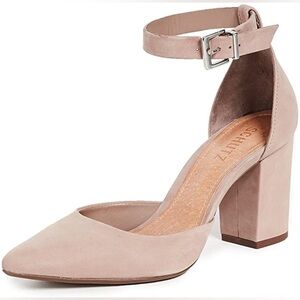 Schutz Ionara Nude Nubuck Ankle Strap Pointed Toe Block Heel Neutral Pumps